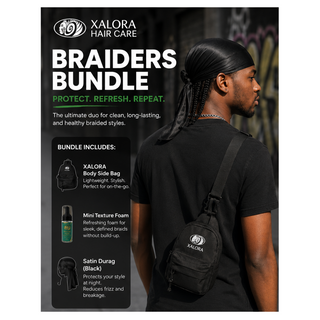 Xalora Hair Care Braiders Bundle advertisement with a person wearing a satin durag.