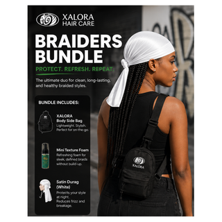Xalora Hair Care Braiders Bundle advertisement with a woman wearing a satin durag.