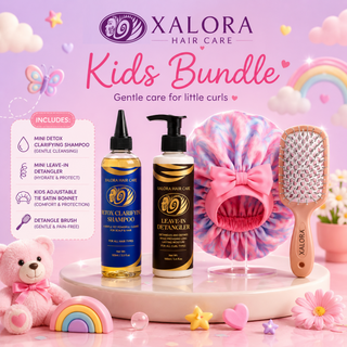 Xalora Kids Bundle hair care products on a pink background with a teddy bear and decorative items.